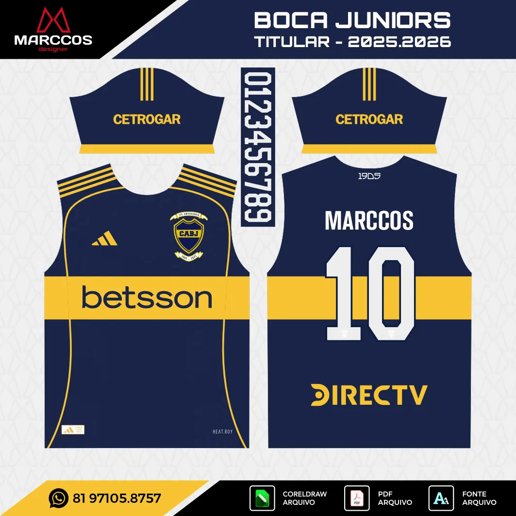 Arte Vetor Camisa Boca Juniors Titular 2025.2026