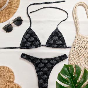 Biquíni Cortininha Estampado – Concha Preto