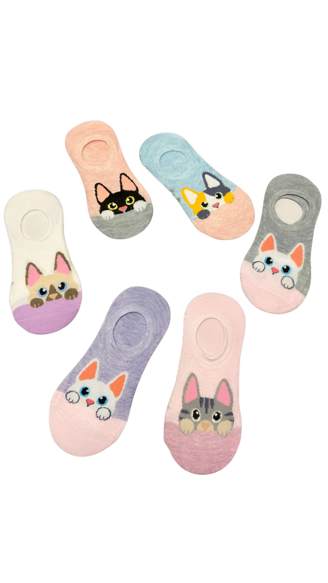 Kit de 3 Meias Invisíveis Feminina com Estampa de Gatinho