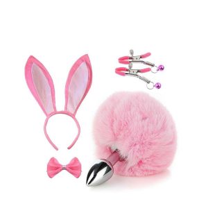 Kit Fetiche Coelho – Plug Anal com Rabo, Tiara, Grampos de Mamilos e Gravata