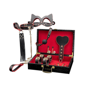 Kit de Luxo Maleta Sado Vermelha – Algemas, Tornozeleiras com Corrente, Venda e Chicote