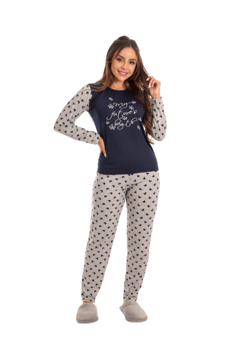 Pijama Longo Feminino em Suede Lily Azul Marinho - Image 2